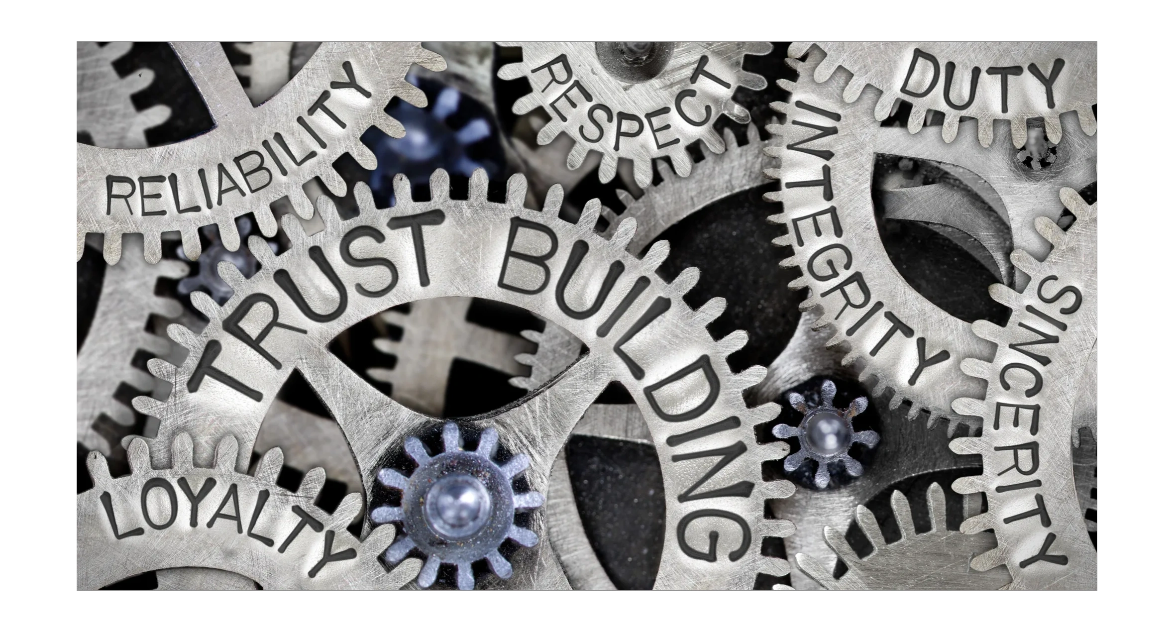 Interlocking gears engraved with values like trust, integrity, and loyalty.