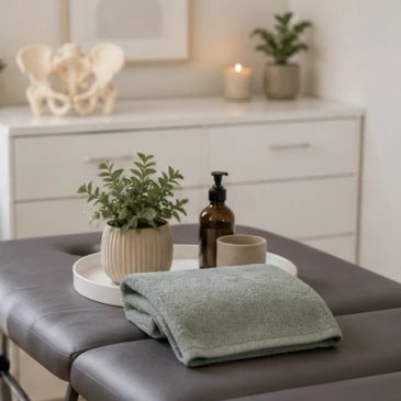 Spa table with towel, plant, and bottle.