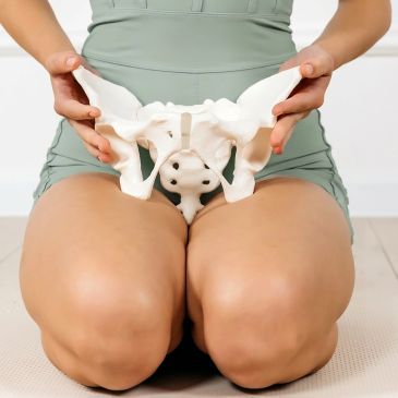 Person holding a pelvic bone model while kneeling.