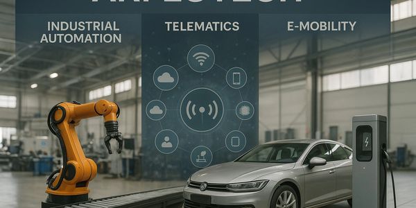 Robot arm, telematics, and EV charger in smart factory ARFLOTECH automation, telematics, e-mobility.