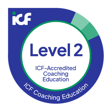 ICF Level 2 Accredited Coaching Education badge in blue and green.