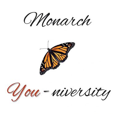 Monarch butterfly with elegant text "Monarch You-niversity" on white background.