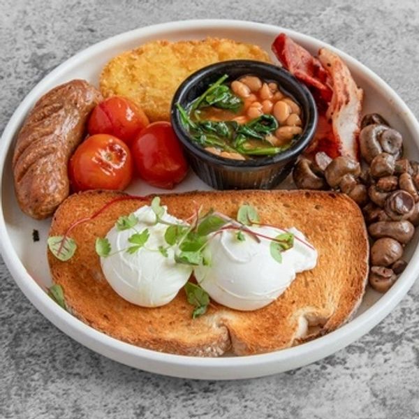 House Big Breakfast [Vg*, Gf*, Nf] 
Smoked bacon, local sausage, baked beans w. spinach, hash brown,