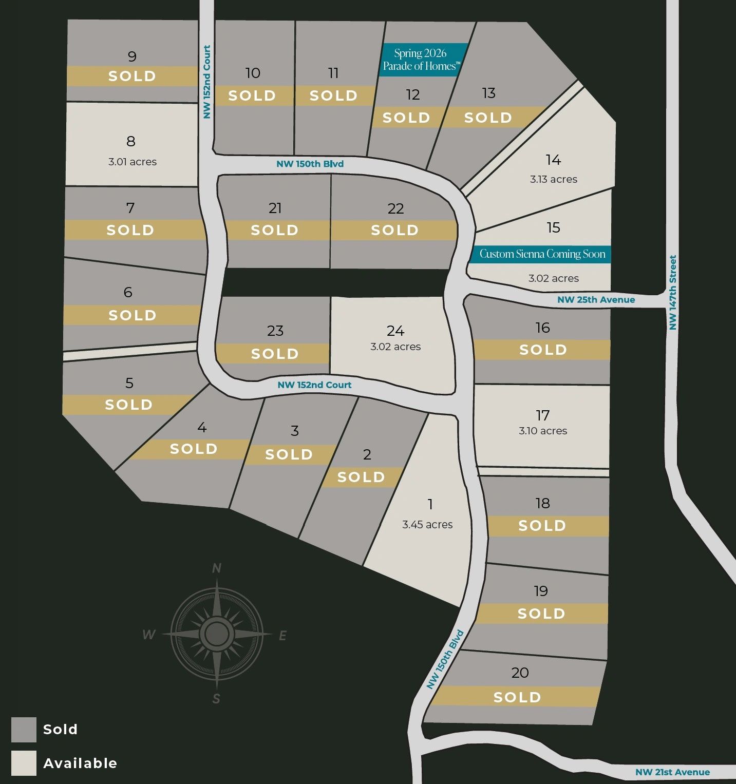 A plot map showing sold and available lots in a residential area.