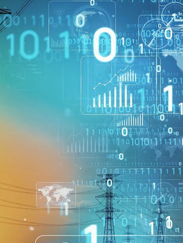 Electricity pylons with digital binary data overlay symbolizing smart grid technology.