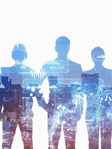 Silhouettes of diverse professionals with digital cityscape overlays symbolizing innovation and teamwork.