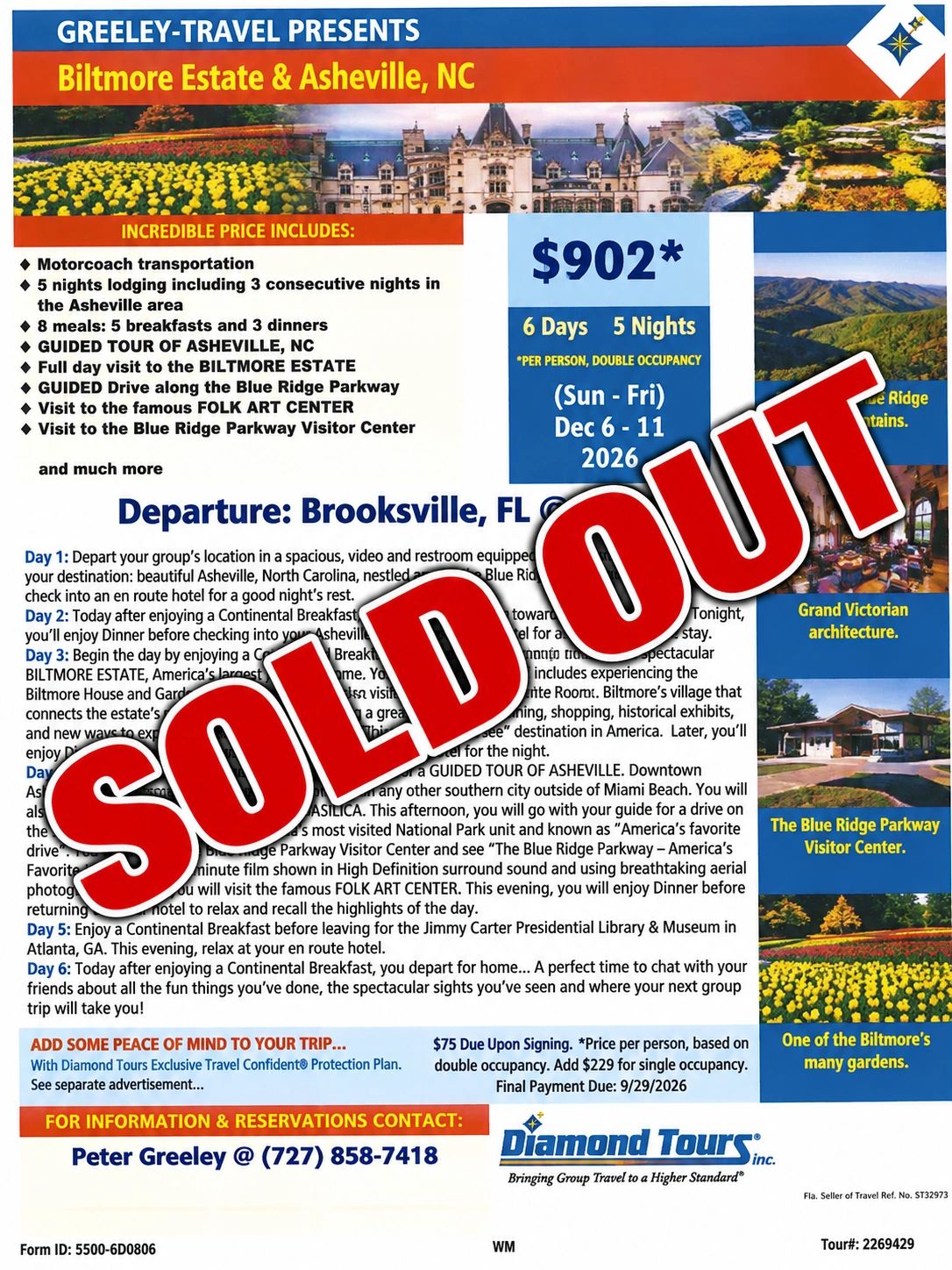 Travel flyer for Biltmore Estate &amp; Asheville, NC shows sold-out status.
