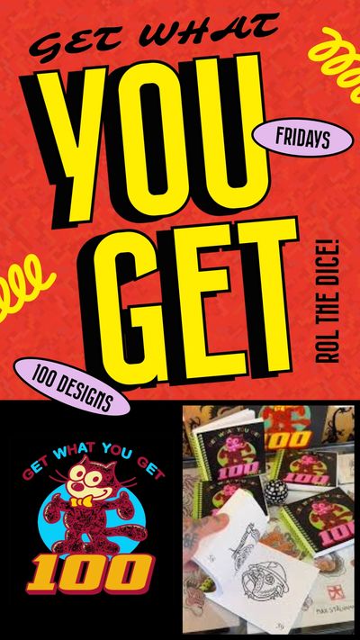 Bold promotional poster for 'Get What You Get' dice game with colorful illustrations and designs.
