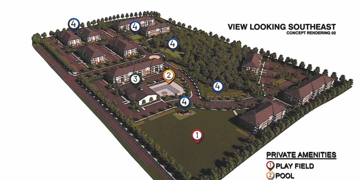3D concept rendering of a residential complex with labeled amenities and buildings.