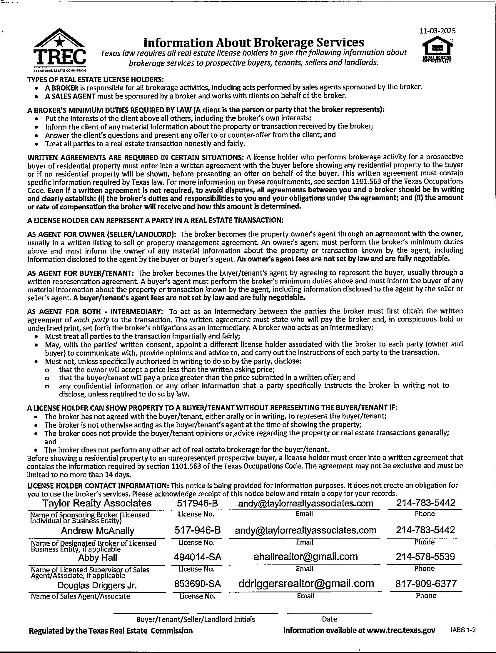 TREC Real Estate Brokerage Services disclosure with broker contact details.