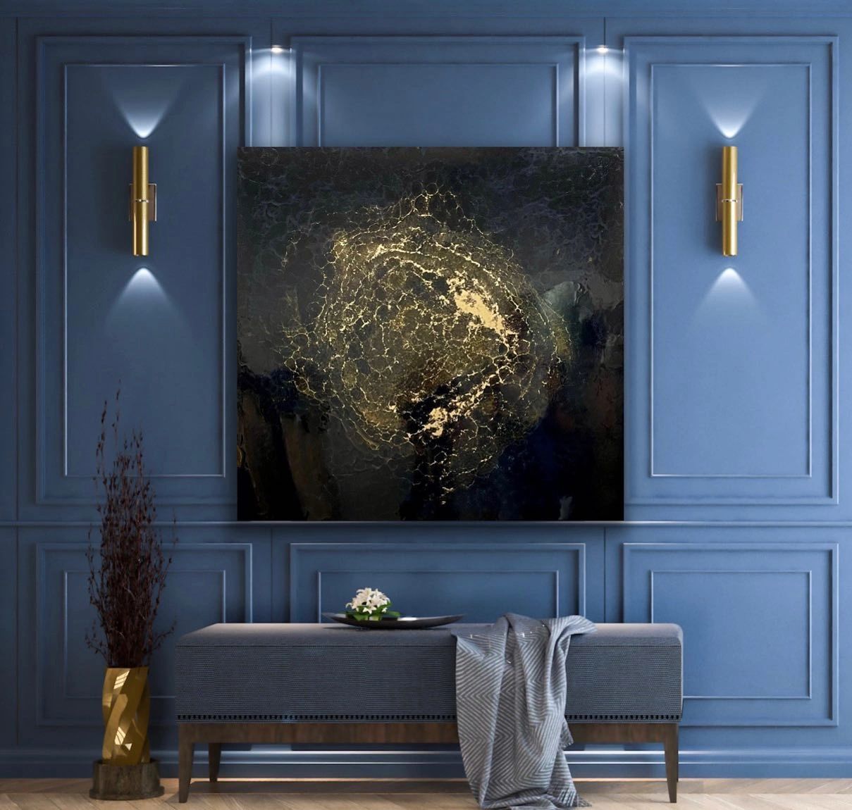 6' x 6' Statement Piece by Rick Lowe Fine Art. Resin Fusion of black and gold Infinity series.