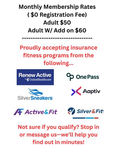 Monthly membership rates and accepted insurance fitness programs listed.