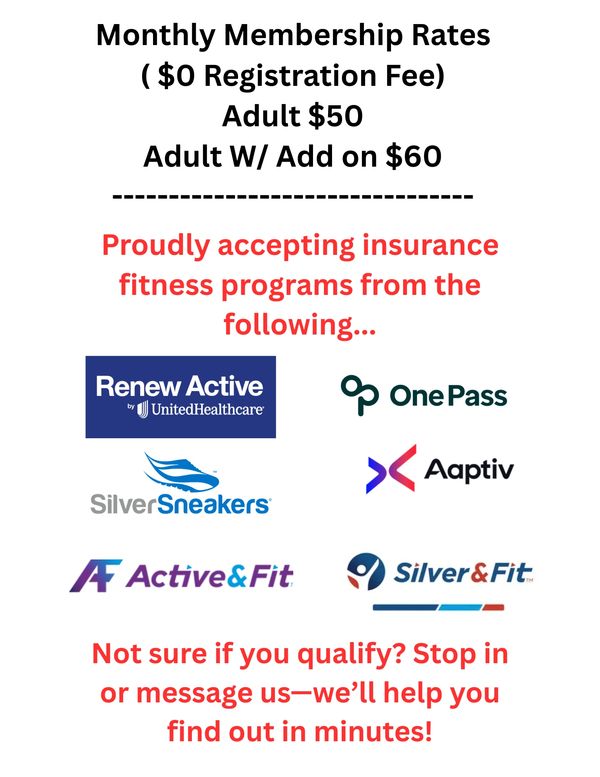 Monthly membership rates and accepted insurance fitness programs listed.