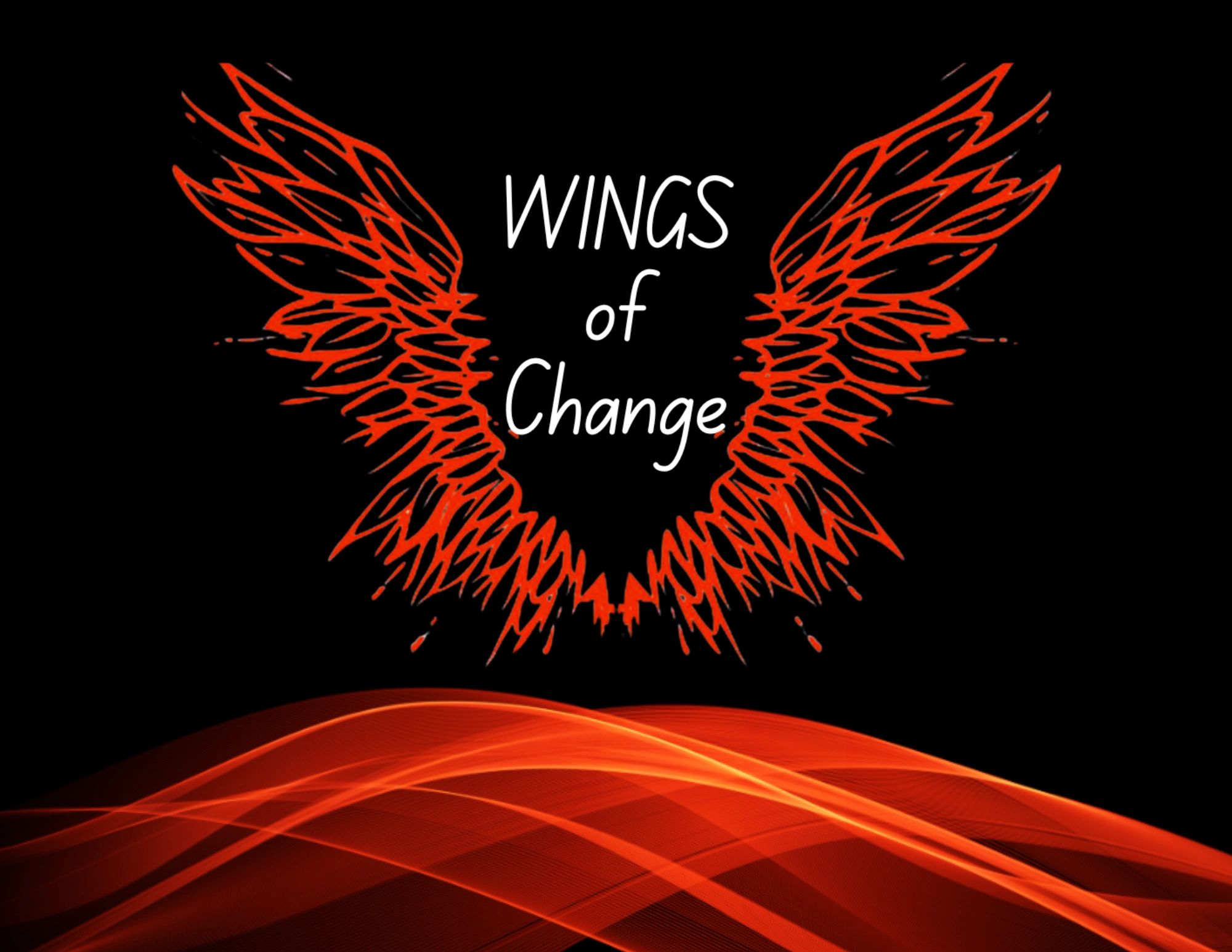 Red artistic wings with the text 'WINGS of Change' on a black background.
