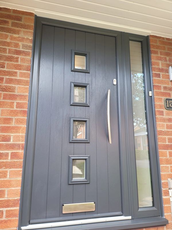 New Composite Front Door with Full Length Side Panel and Short Bow Handle Fitted in Mansfield.