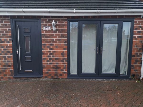 Anthracite grey UPVC French doors with side panels installed in Nottinghamshire by  trained fitters.
