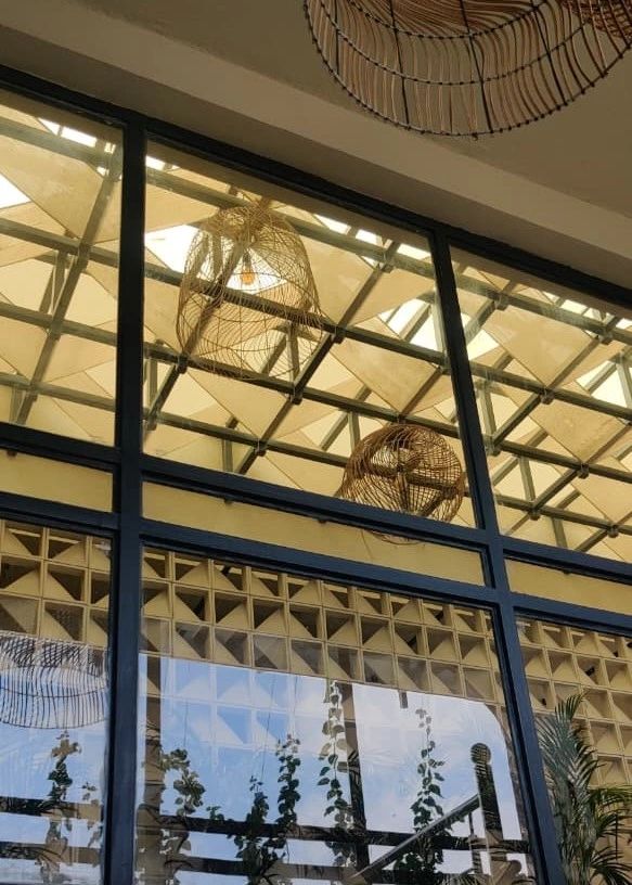 Wicker lamps hanging from a glass ceiling with reflections of plants.