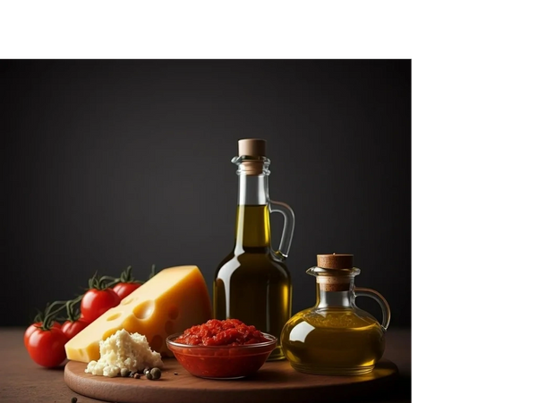 A rustic arrangement of cheese, tomatoes, olive oil, and tomato sauce on a wooden board.