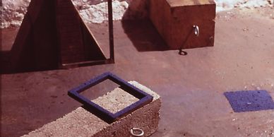 Sculptural forms with blue shapes and tonal shade