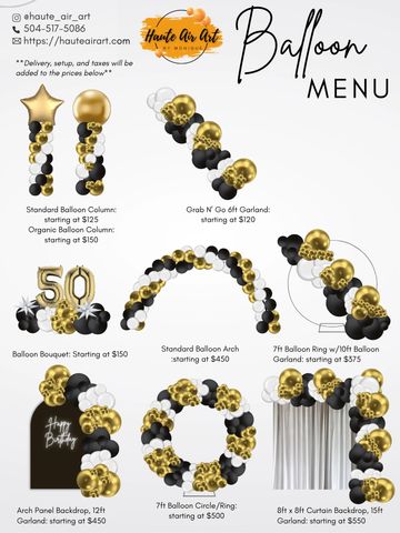 Elegant black and gold balloon decoration menu with various options and prices.