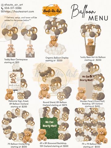 Teddy bear-themed balloon decorations and garlands menu with prices.
