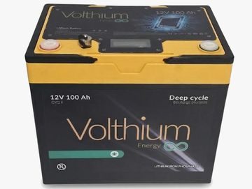 Volthium 12V 100Ah deep cycle lithium iron phosphate battery in black and yellow.