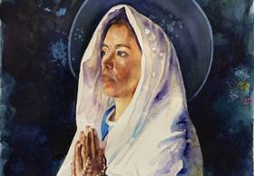 Virgin Mary painting. Watercolor on paper.