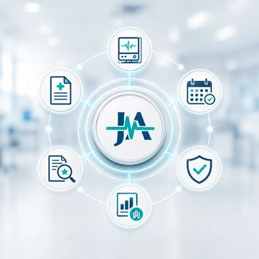 Healthcare icons connected around a central HA logo representing medical services.