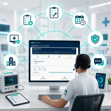 Technician managing medical device data on a computer in a hospital setting.