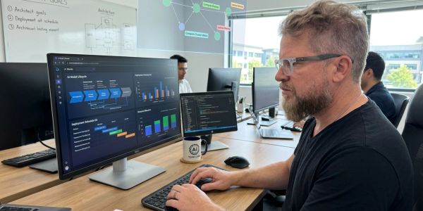 Man working on data analytics and coding at his desk.