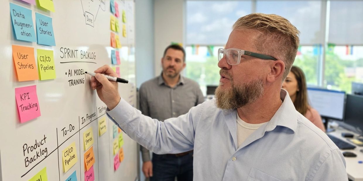 Man writing on whiteboard in office meeting.