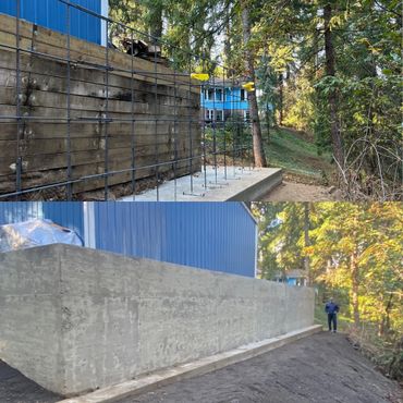 Before and after images of a concrete wall construction near a blue building in a forested area.