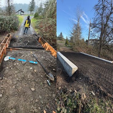 Before and after images of a garden bed being constructed and filled with soil.