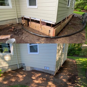 Before and after foundation repair on a house corner.