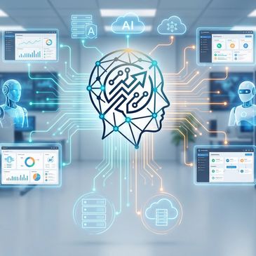 Digital illustration of AI brain connected to data and robots, symbolizing artificial intelligence integration.