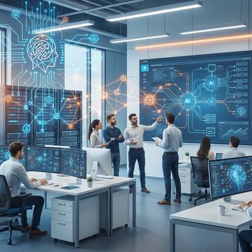 Team of professionals discussing AI technology in a modern office with digital interfaces.