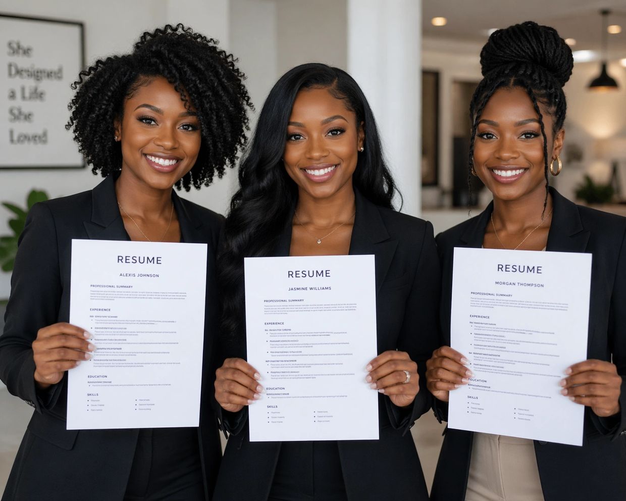 Three smiling women in professional attire holding resumes in an office.