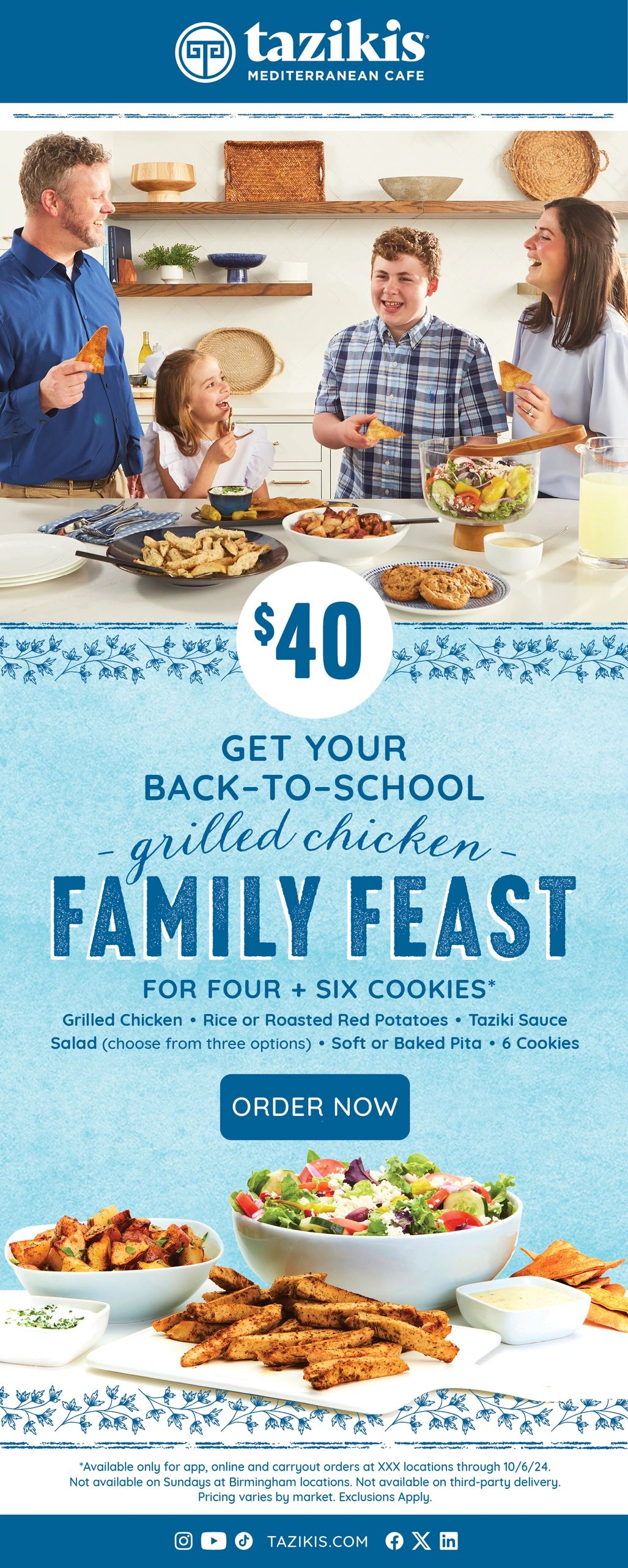 Family enjoying a Mediterranean back-to-school grilled chicken feast from Tazikis.