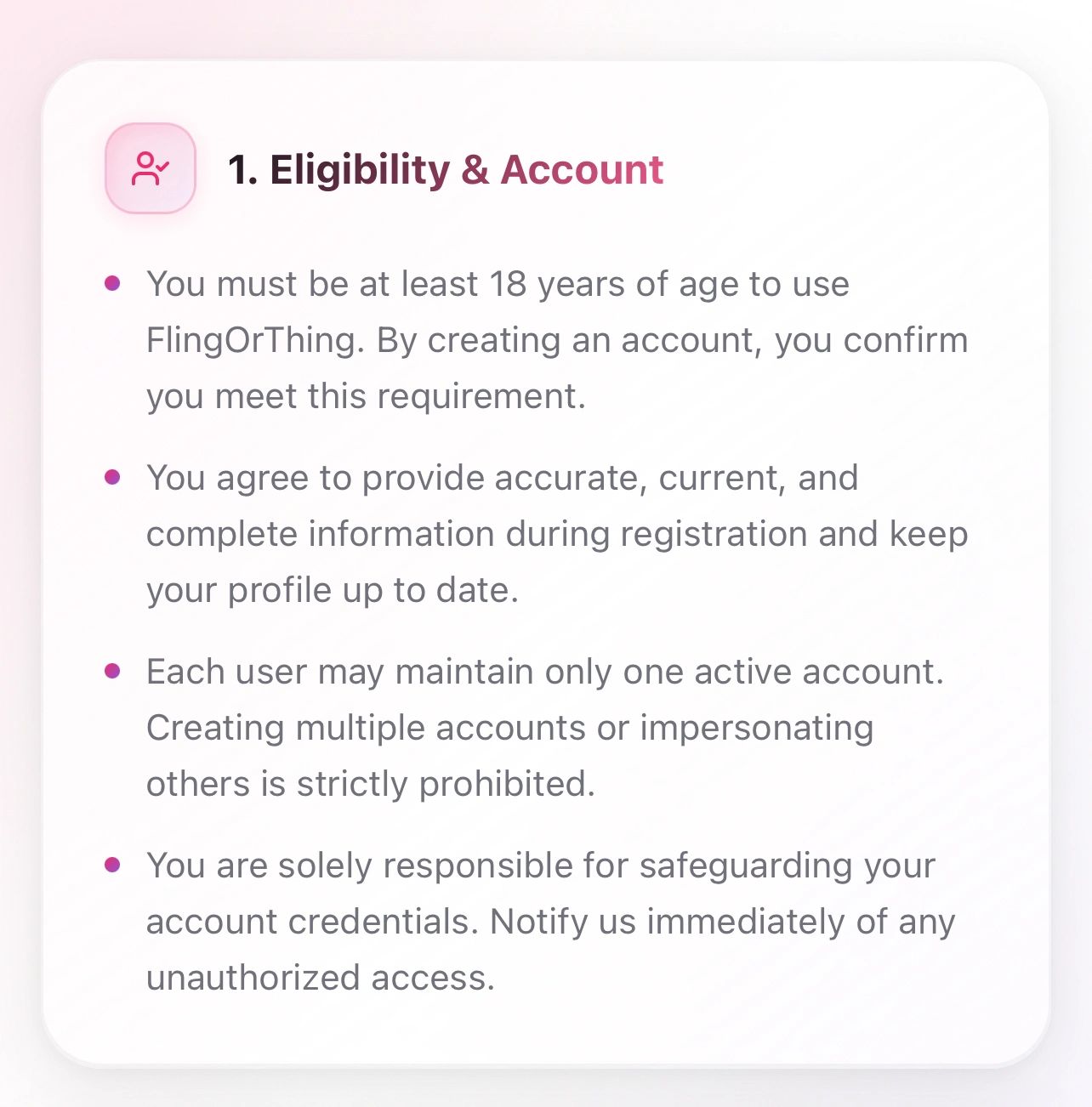 Eligibility and account requirements for FlingOrThing users.