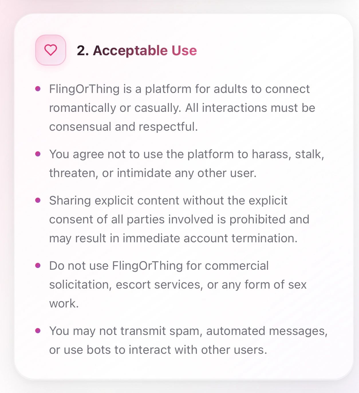 Guidelines for acceptable use on FlingOrThing platform emphasizing respect and consent.
