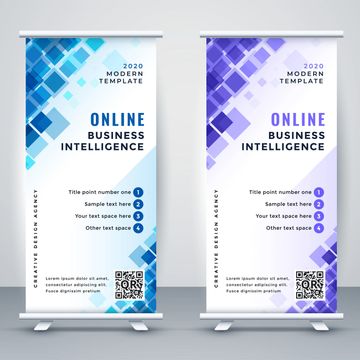 Two modern business intelligence online banners in blue and purple.