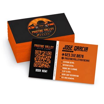 Orange and black business cards for Pristine Valley Auto Care with contact info and services.