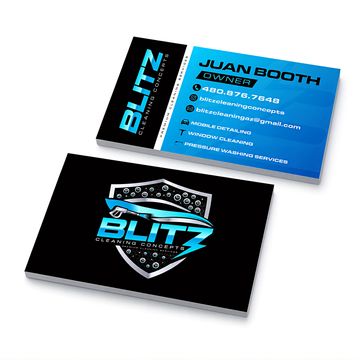 Business cards for Blitz Cleaning Concepts with blue and black design.