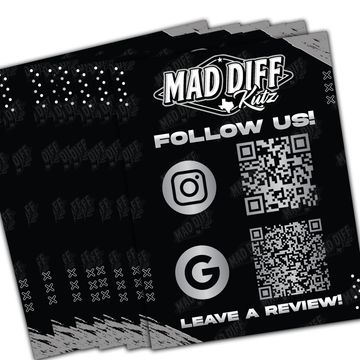 Flyers for Mad Diff Kutz promoting social media follow and reviews.