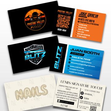 Business cards for Pristine Valley, Blitz, and Lenii's Signature Touch services.