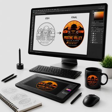 Workspace showing logo design evolution from sketch to final colored version on screen and tablet.