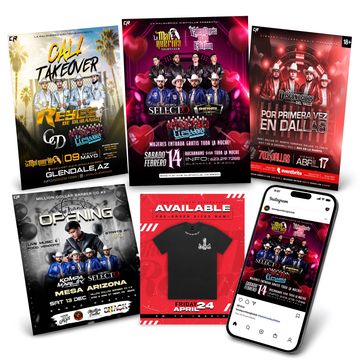 Flyers and social media posts promoting Latin music events and merchandise.