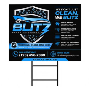 Yard sign advertising Blitz Cleaning Concepts with contact info and services.