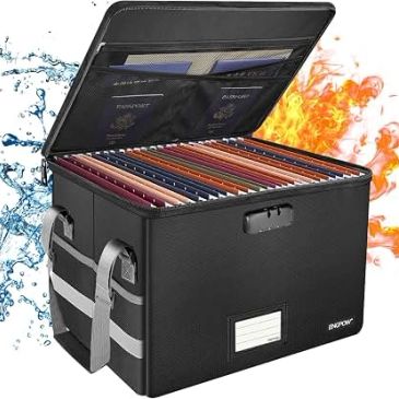 Black filing box with handles and colored hanging folders inside.