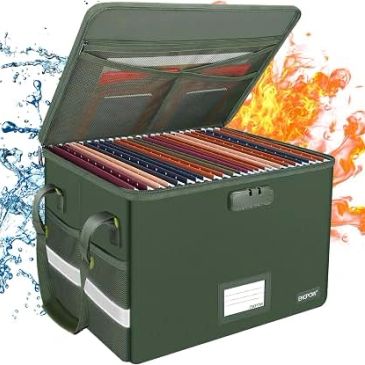 Fire and water resistant file box with files inside.